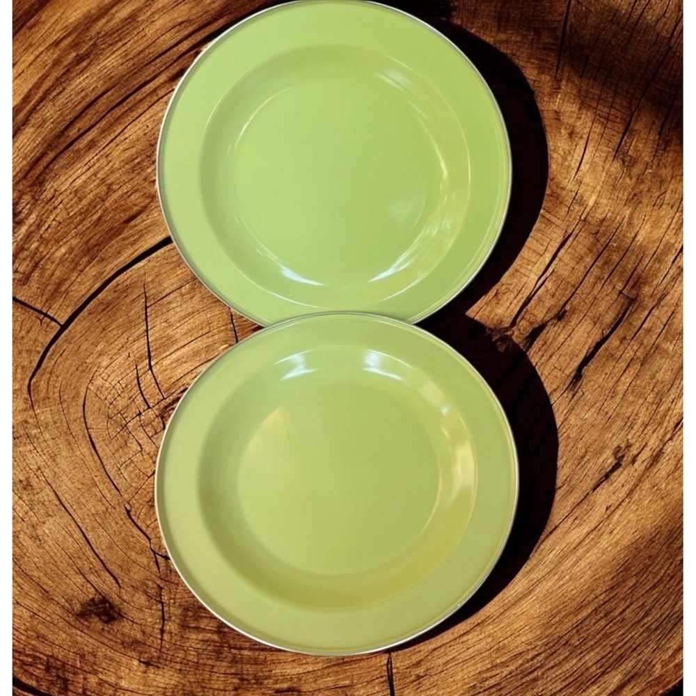 Discontinued Pottery Barn Enamelware Plates Lime Green 10" Set of 2 Partyware